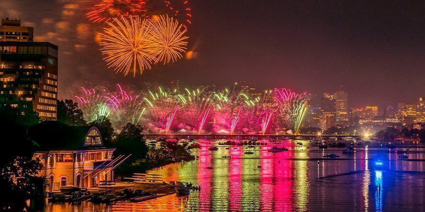 Värikäs ilotulitus Bostonin yllä 4. heinäkuuta