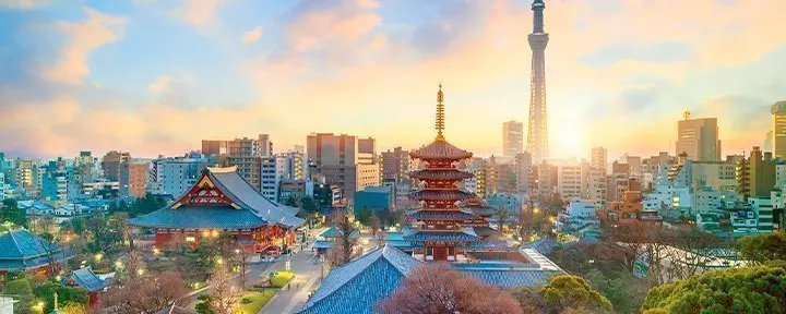 Tokion horisontti temppeleineen ja korkeine rakennuksineen